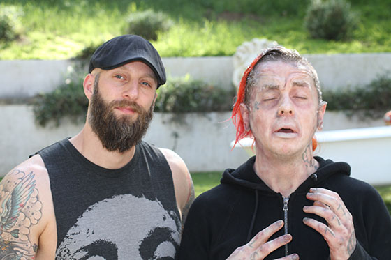 Director-Erik-Boccio-with-actorSlipknot-DJ-Sid-WIlson-in-frozen-FX-make-up-by-Laney-Chantal-on-set-of-Blood-Bath